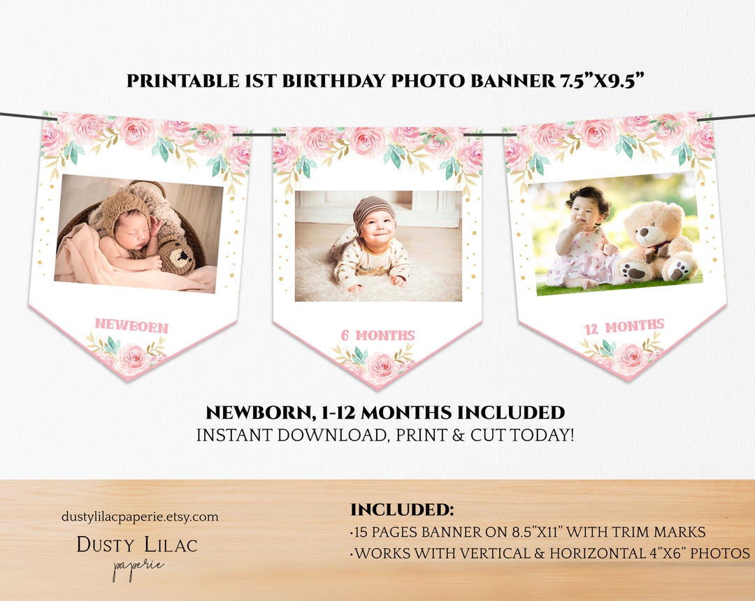 1st Birthday Photo Banner Printable Blush Pink Gold Floral - Etsy