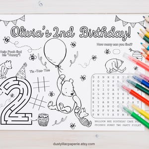 Winnie the Pooh Second Birthday Party Activity Sheet, Editable Classic Pooh Bear Coloring Page, Kids Table Placemat Personalized Party Favor