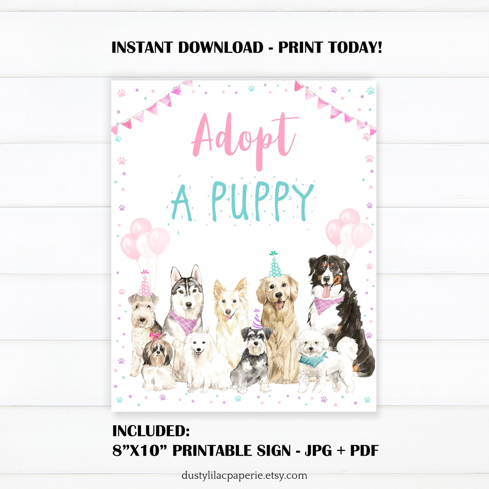 Adopt a Puppy Birthday Table Sign, Pet Adoption Certificate, Dog Girl ...