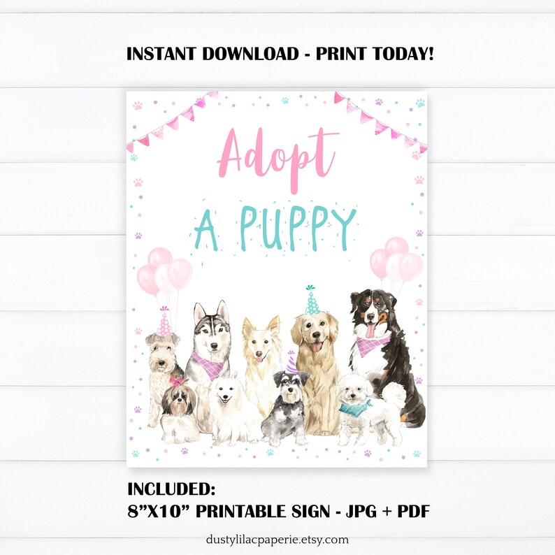Adopt a Puppy Birthday Table Sign, Pet Adoption Certificate, Dog Girl ...