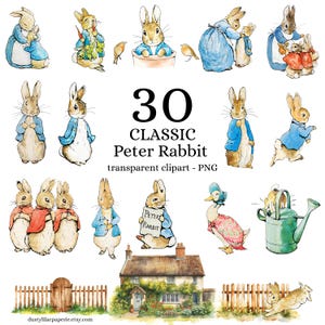 Può includere: Una collezione di 30 immagini clipart trasparenti classiche di Peter Rabbit. Le illustrazioni raffigurano Peter Rabbit e altri personaggi in varie pose, vestiti con giacche e cappotti blu. È inclusa anche un'incantevole scena di cottage e giardino.