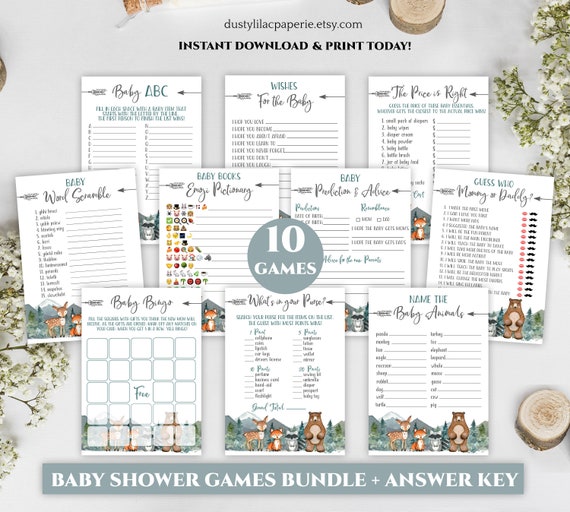 woodland baby shower game bundle set, forest animals shower game pack, gender neutral rustic printable package, outdoor mountain DLPB34