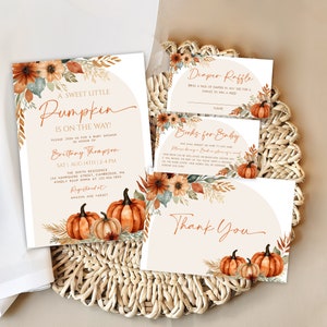 herfst boho pompoen babyshower bundeluitnodiging bewerkbare rustieke bloemen een kleine pompoen is onderweg herfst neutrale babyuitnodiging set DLPB167