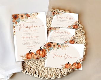 May include: A set of baby shower stationery featuring a pumpkin theme with orange and brown floral accents. The cards include an invitation with the text A SWEET LITTLE PUMPKIN IS ON THE WAY, a diaper raffle card, a books for baby card, and a thank you card.