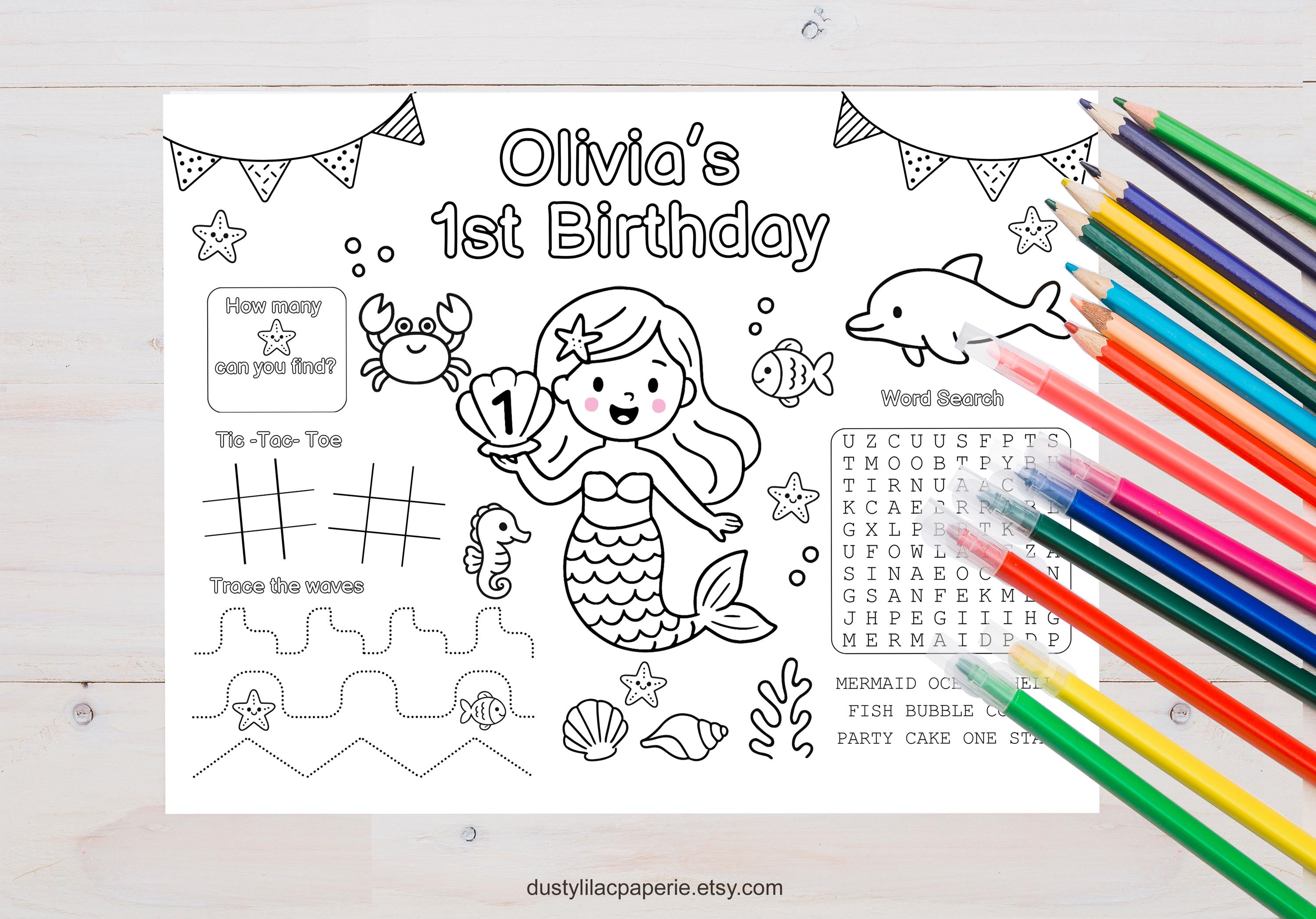 Editable Mermaid 1st Birthday Coloring Page, Under the Sea Placemat ...