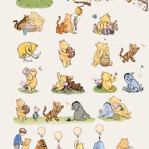 Pu&ograve; includere: Un set di illustrazioni di personaggi di Winnie the Pooh. Le illustrazioni presentano Winnie the Pooh, Piglet, Tigger, Eeyore e altri personaggi delle storie di Winnie the Pooh. Le illustrazioni sono in stile cartone animato e sono colorate.