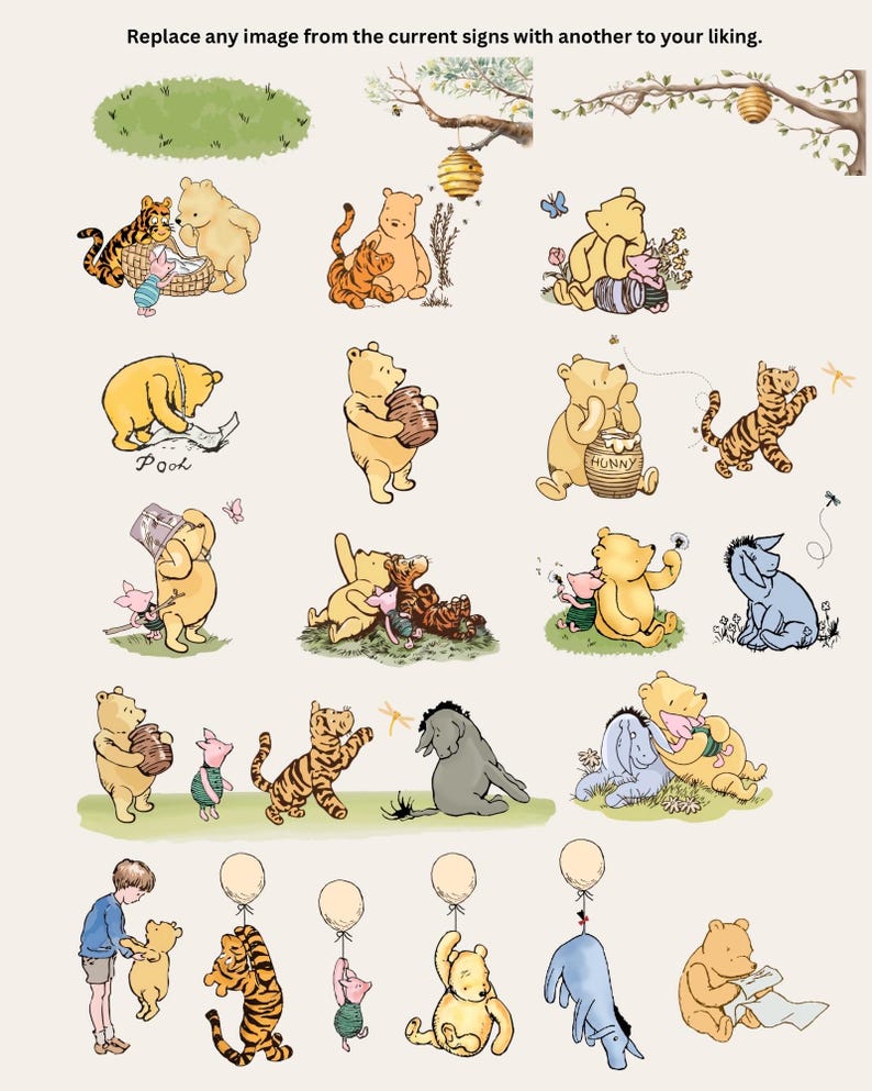 Pu&ograve; includere: Un set di illustrazioni di personaggi di Winnie the Pooh. Le illustrazioni presentano Winnie the Pooh, Piglet, Tigger, Eeyore e altri personaggi delle storie di Winnie the Pooh. Le illustrazioni sono in stile cartone animato e sono colorate.