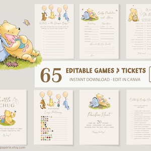 Classico pacchetto di giochi per baby shower di Winnie the Pooh, pacchetto di giochi di Pooh Bear modificabile e neutro, modello di scheda Vintage Winnie Friends DLPB172