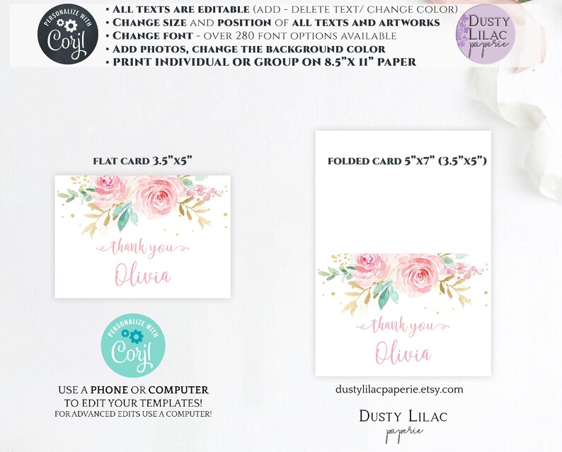 Editable Baby Shower Thank You Card Template Blush Pink Etsy