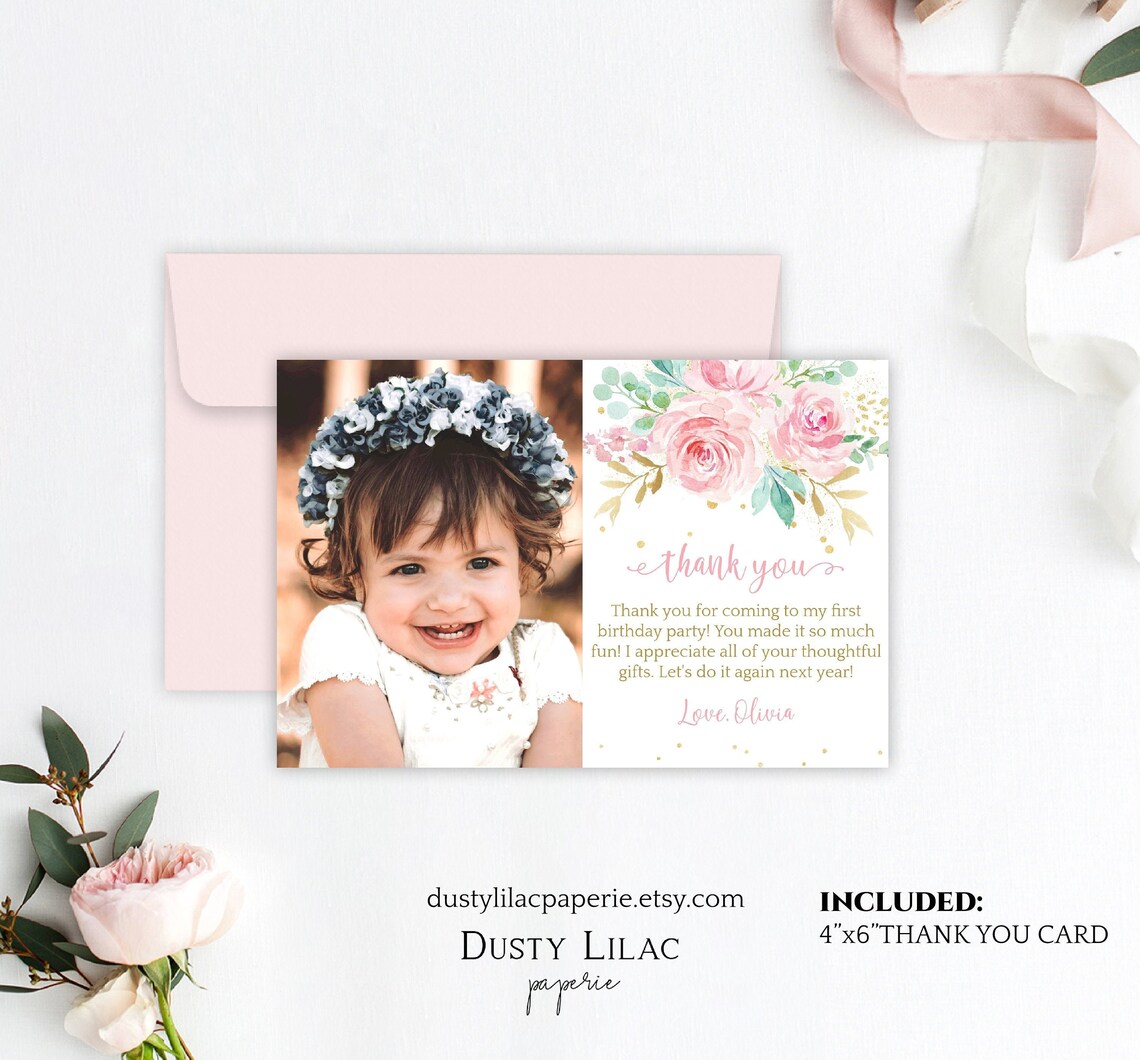 Editable First Birthday Photo Thank You Card Template Blush - Etsy