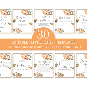 A Little Cutie Is On The Way Babyshower Borden Bundel Decoraties Bewerkbare Citrusoranje Tafeldecor Games Ticket Afdrukbare Sjabloon DLPB165