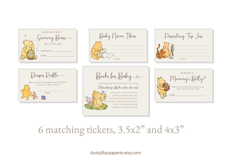 Pu&ograve; includere: Sei carte da gioco per baby shower a tema Winnie the Pooh. Le carte sono beige con testo marrone e presentano illustrazioni di Winnie the Pooh e Maialino. I giochi includono: Indovinare quanti orsetti gommosi ci sono nel barattolo, Idee per i nomi dei bambini, Barattolo dei consigli per i genitori, Lotteria dei pannolini, Libri per il bambino e Quanto &egrave; grande la pancia della mamma?