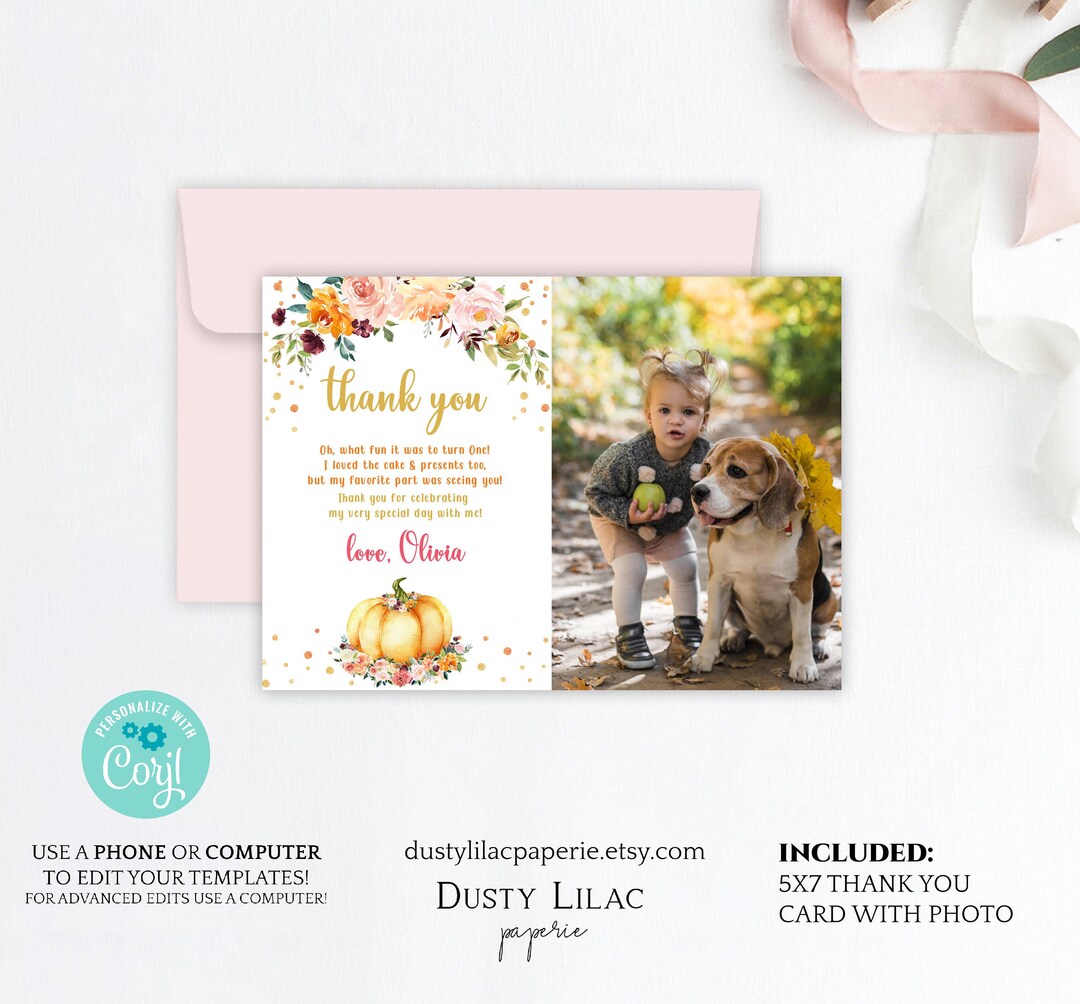 Editable Pumpkin Thank You Card With Photo, Fall Pumpkin 1st Birthday ...