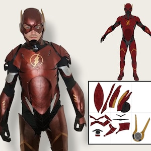 Könnte beinhalten: Ein rotes und goldenes Flash-Kostüm mit einem Blitz-Emblem auf der Brust. Das Kostüm umfasst einen Helm, eine Maske und eine Körperpanzerung. Eine Diagramm der Komponenten des Kostüms ist ebenfalls abgebildet.