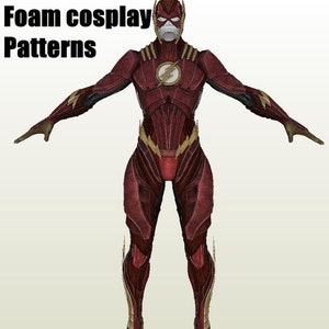 Könnte beinhalten: Ein rotes und goldenes Flash-Kostüm-Muster für Schaumstoff-Cosplay. Das Muster enthält Details wie das Blitzsymbol und die Maske von Flash.