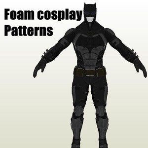 May include: A black and gray foam cosplay pattern of Batman. The pattern includes the suit, mask, and gloves. The pattern is for a full-body costume.