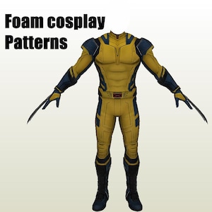 May include: A yellow and blue foam cosplay pattern for Wolverine. The pattern includes the costume, claws, and boots.