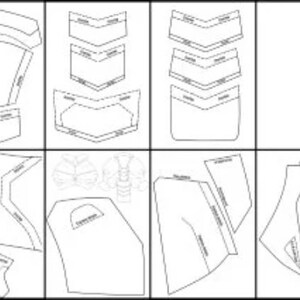 May include: A set of 10 paper patterns for crafting a costume. The patterns are printed on white paper and include various shapes and sizes.