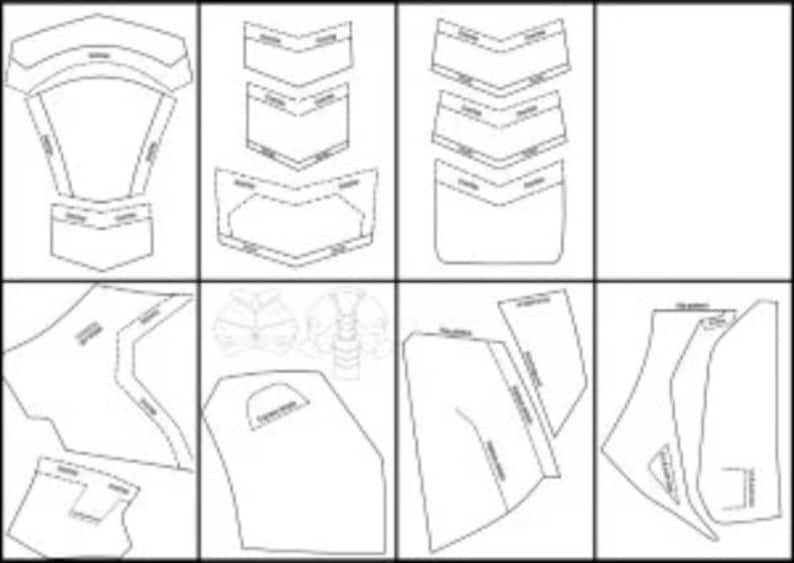 May include: A set of 10 paper patterns for crafting a costume. The patterns are printed on white paper and include various shapes and sizes.