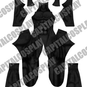 May include: Black and white pattern sewing template for a full body suit costume. The template includes pieces for the torso, legs, arms, and head.
