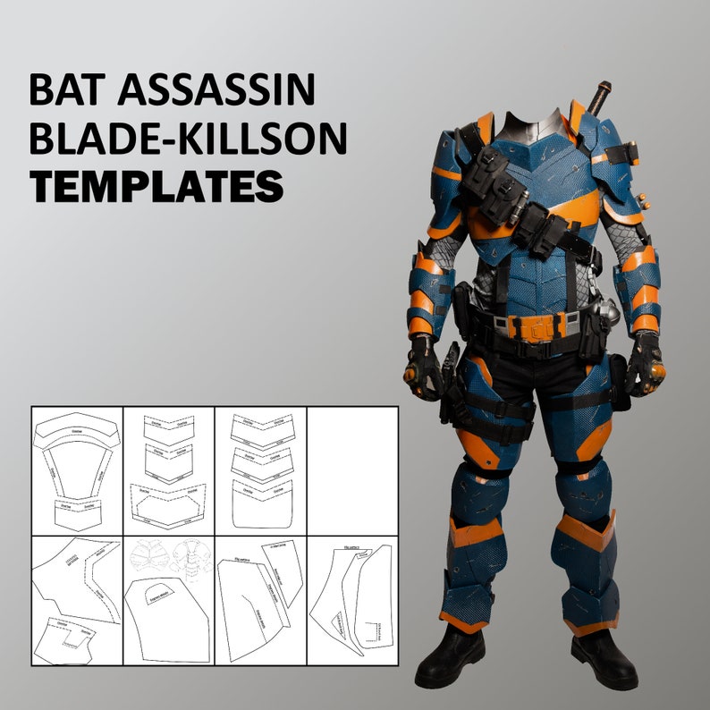 May include: Templates for a Bat Assassin Blade-Killson costume. The templates are black and white line drawings of different body parts, including the chest, arms, legs, and head. The image also shows a person wearing a blue and orange costume with a black belt and a black and silver weapon.