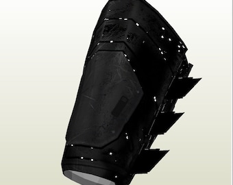 May include: Black leather forearm armor with a series of metal plates and spikes. The armor is designed to protect the wearer's forearm and hand.