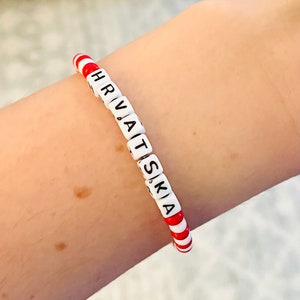 Hrvatska seed bead bracelet, Red and White beaded Croatian stretch bracelet, Croatia