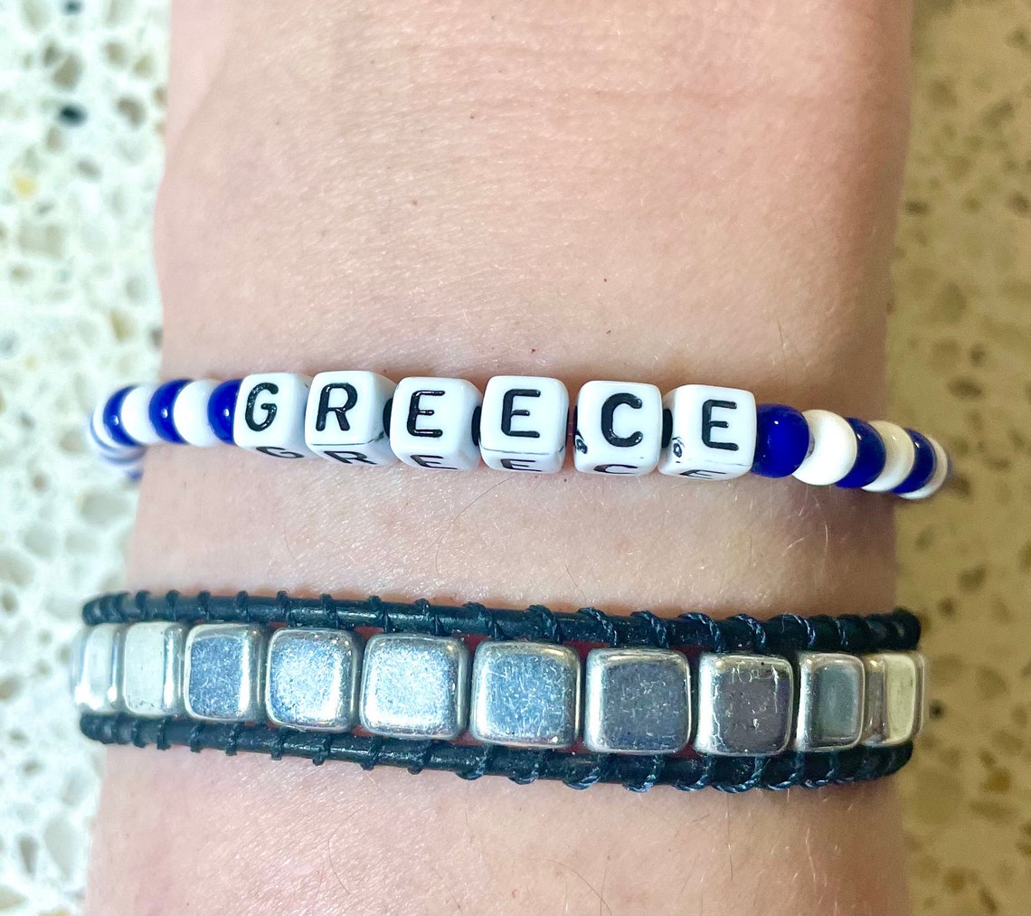 GREECE Bracelet, Blue and White Seed Bead Bracelet, Greek Stretch
