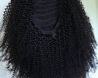 Kinky curly human hair  drawstring ponytail extension 150 Gramm full voluminous hair piece, curly ponytail extension gel style