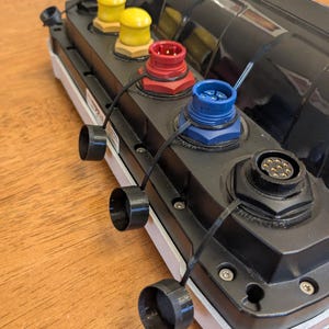 May include: A black electronic device with multiple colored connectors: yellow, red, and blue. The device has a rectangular shape with a white border and is placed on a wooden surface. Black caps are attached to the device with thin black cords.