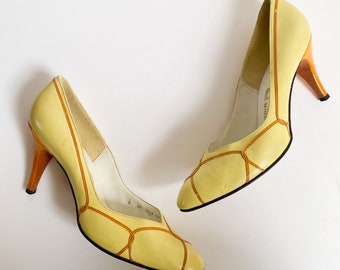 Vintage 1960s Paul Allan Yellow Leather Heels Pumps Orange Trim