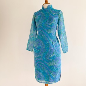 Vintage 1960s Blue Green Floral Sheer Qipao Cheongsam Custom Made Hong Kong
