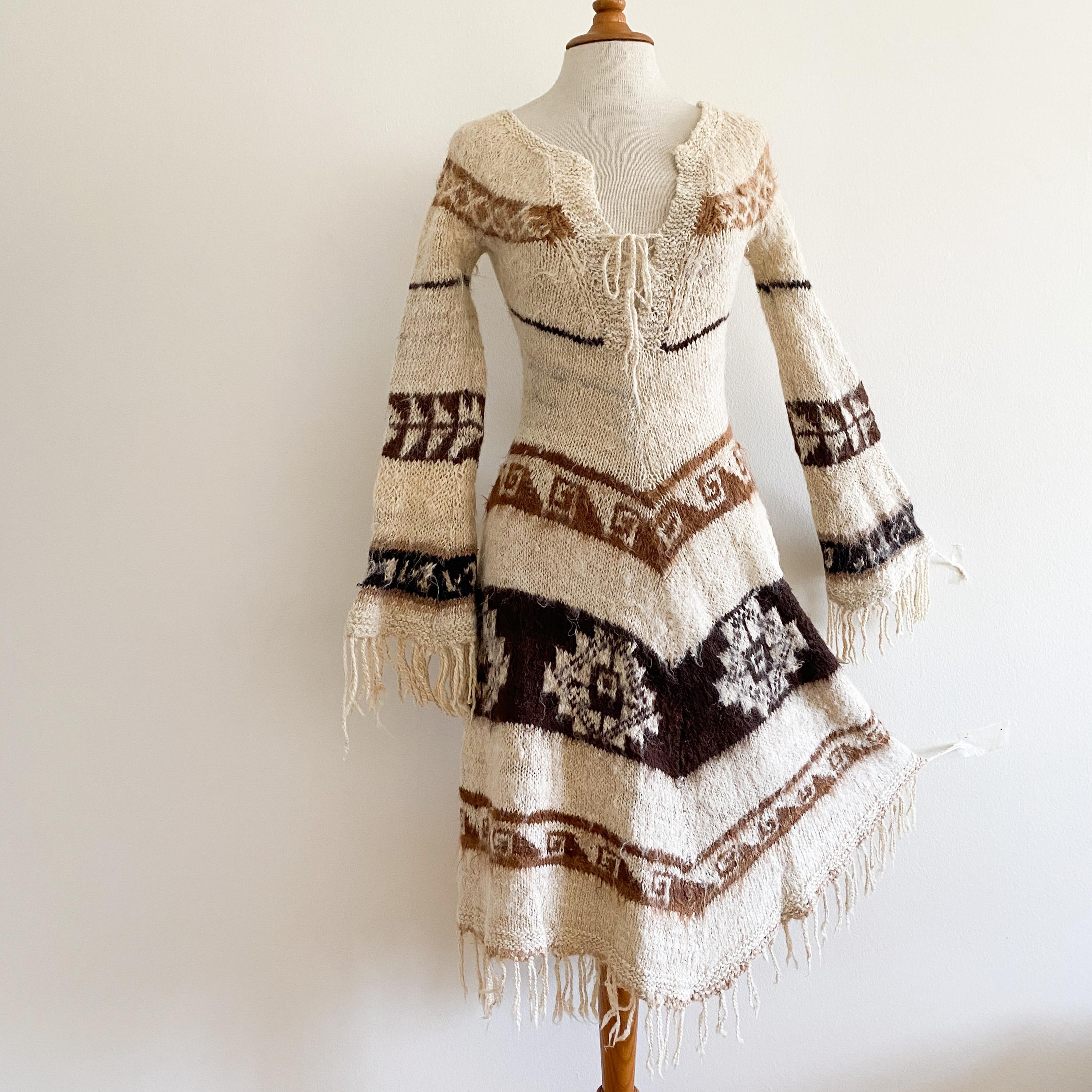 Vintage 1970s Sweater Dress Hand Knit Southwest Aztec Wool Fringe XS S Lace Up