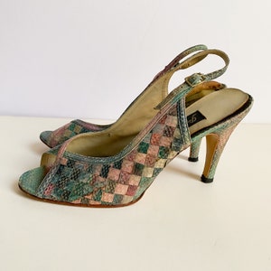 Vintage 1970s 1980s Giorgio Leoni Firenze Rainbow Woven Snakeskin Peep Toe Heels Sandals