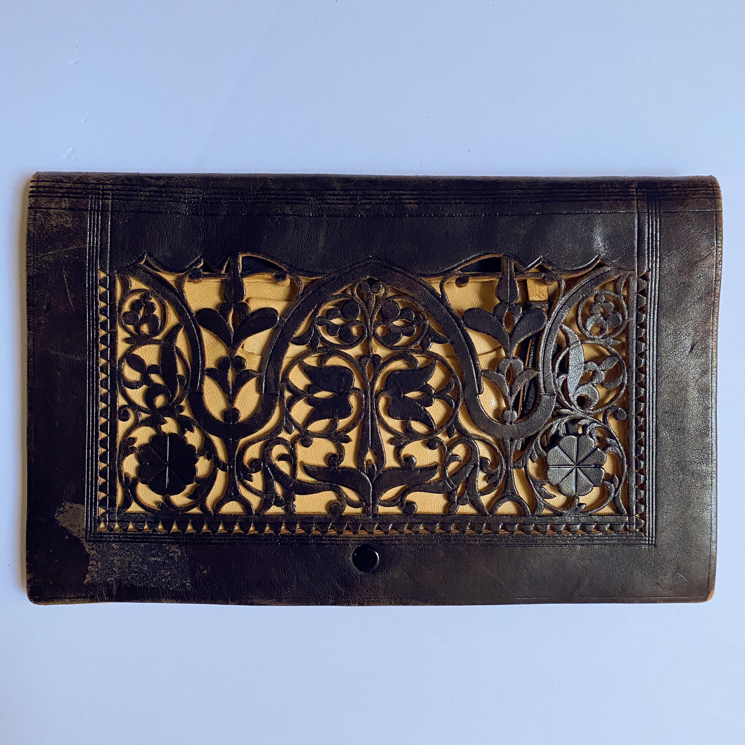 Vintage 1950s Brown Hand Tooled Cutout Leather Clutch Purse Handbag