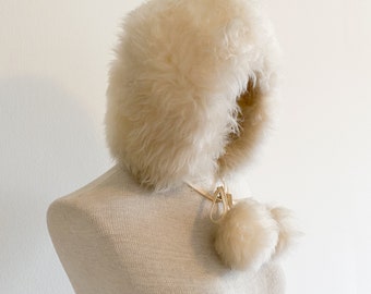 Vintage 1960s Lamb Fur Shearling Hat Bonnet Pom Poms