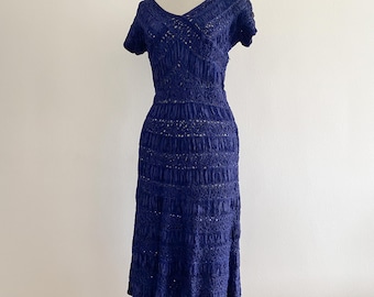 Vintage 1940er/1950er Jahre Handgefertigtes Dunkelblaues Schleifenkleid