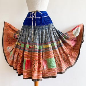 Vintage Hmong Minority Tribe Skirt Pleated Embroidered Cross Stitch Batik Wrap Skirt Hand Made Traditional