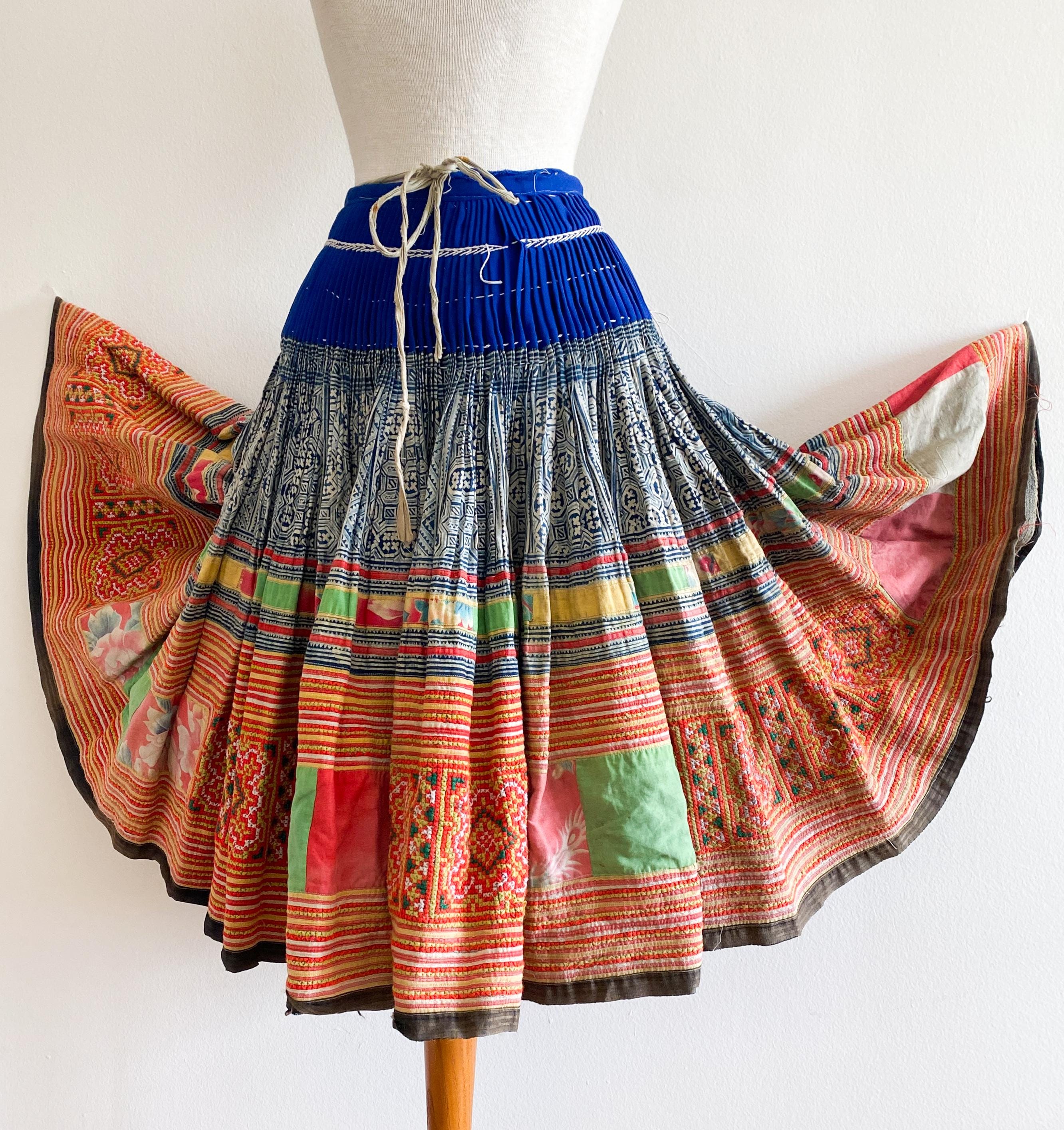 Vintage Hmong Minority Tribe Skirt Pleated Embroidered Cross