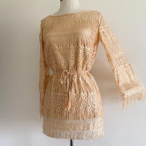 Vintage Golden Beige Lace Fringed Tunic Blouse Top Silk Lined Hand Tailored XS