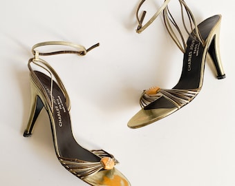 Vintage 1970s Charles Jourdan Paris Metallic Strappy Ankle Strap Sandals Heels