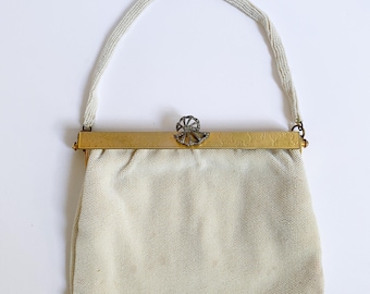 Torebka Vintage Leo Miller Paris White Beaded z koralikami, ręcznie robiona Francja z lustrem