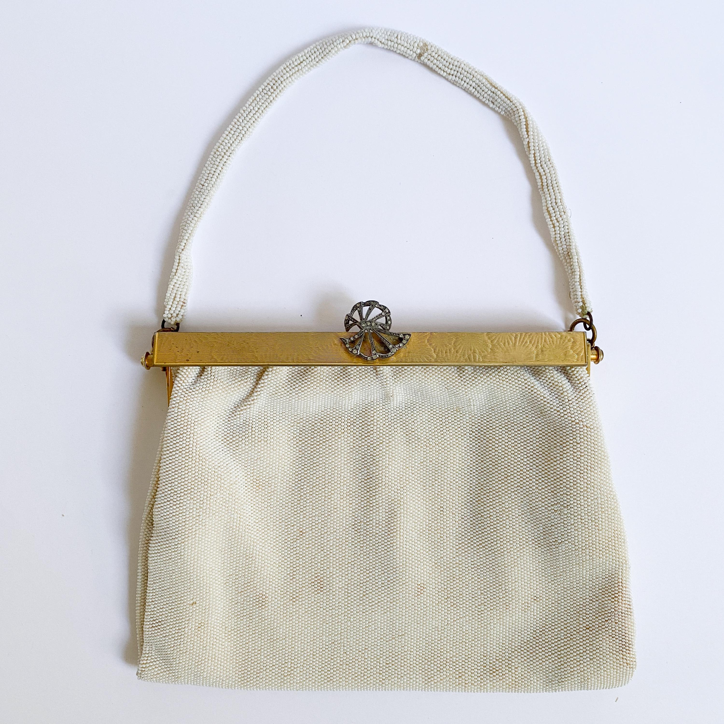 小物入れ LEONARD PARIS HAVILANDLIMOGES VIDEPOCHES Vintage Leo Miller Paris White Beaded Purse Handbag Handmade