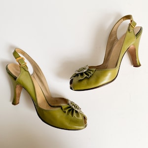 Vintage 1940s 1950s De Liso Debs Palter/Deliso Green Peep Toe Rhinestone Slingback Heels Pumps