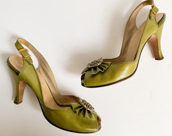 Vintage 1940s 1950s De Liso Debs Palter/Deliso Green Peep Toe Rhinestone Slingback Heels Pumps