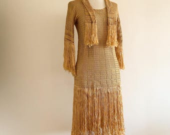Vintage 1930s Gold Hand Crocheted Dress Tunic Fringe Hand Made 1920s Flapper