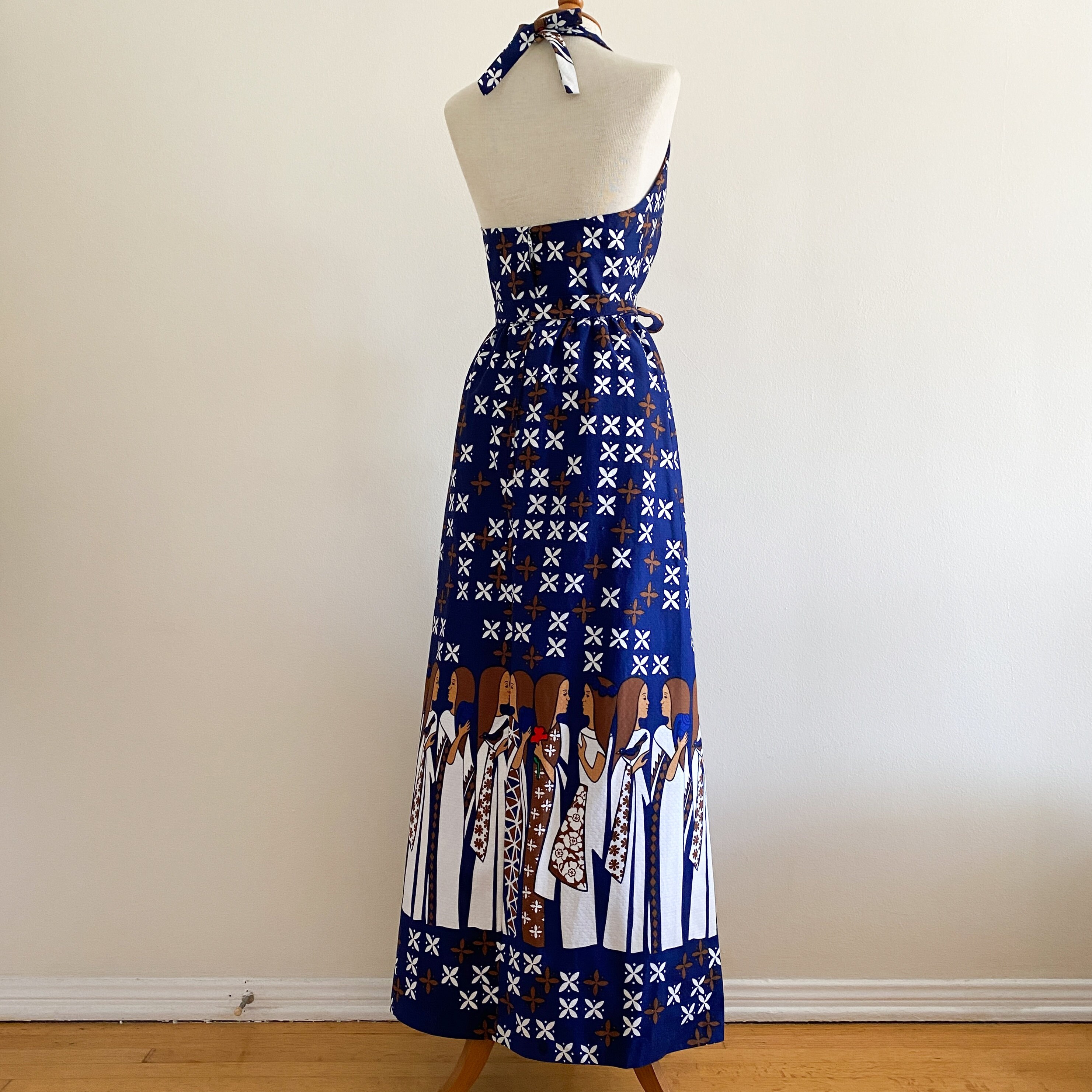 Rare Vintage 1970s Malia Honolulu Maxi Halter Dress Scenic