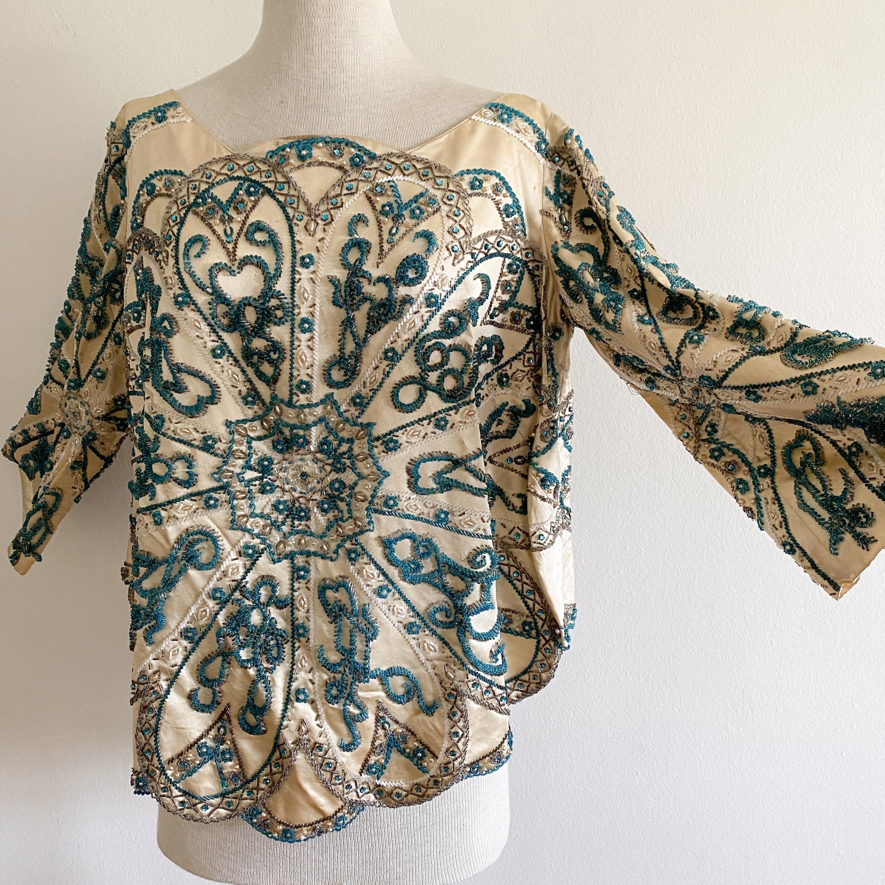 Vintage Rare 1960s Gene Shelly Silk Satin Hand Beaded Ivory Blue Silver Top Blouse Scalloped