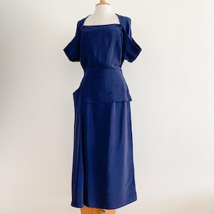 Vintage Navy Crepe Draped Paneled Wiggle Dress Square Neck