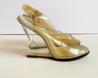 Vintage 1970s Van Gogh Lucite Wedge Slingback Peep Toe Heels Sandals